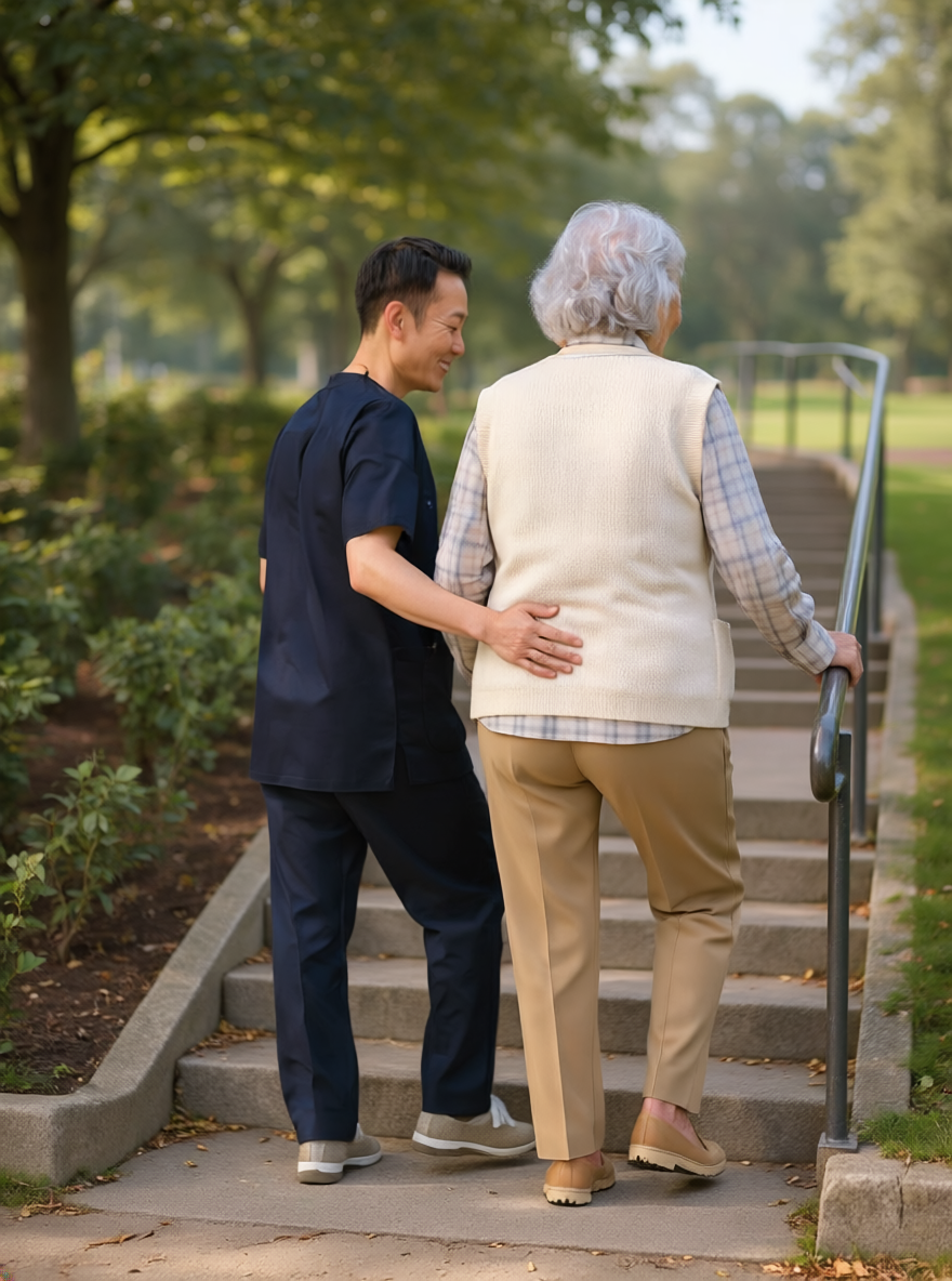 左肩を抑えている女性の後ろ姿